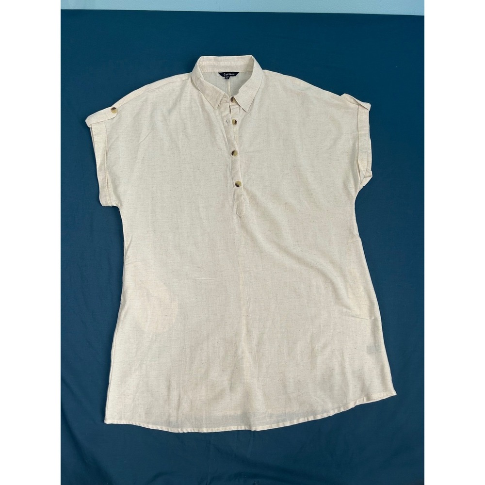 Cassee's Cream Linen Blend Short Sleeve Tunic Dress Plus Size 3X Pockets